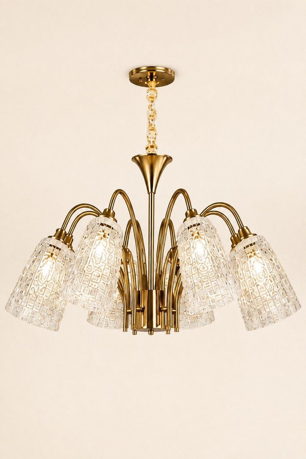 Gold chandelier with patterned glass shades