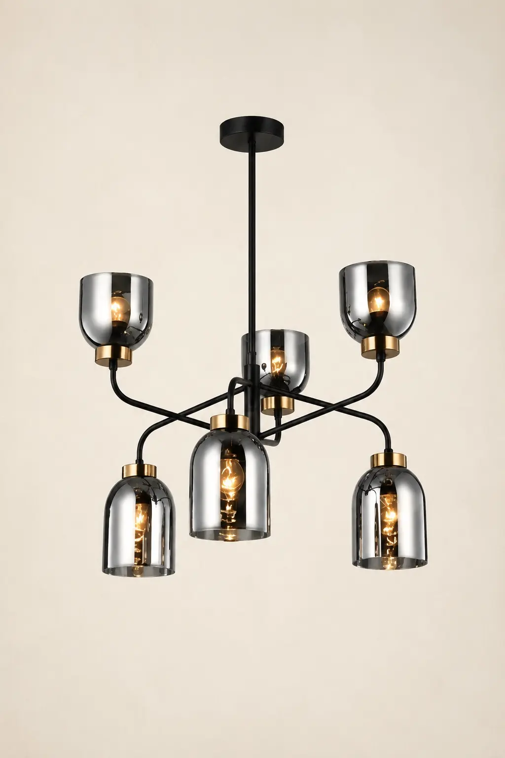 Modern chandelier with smoky glass shades and black metal arms
