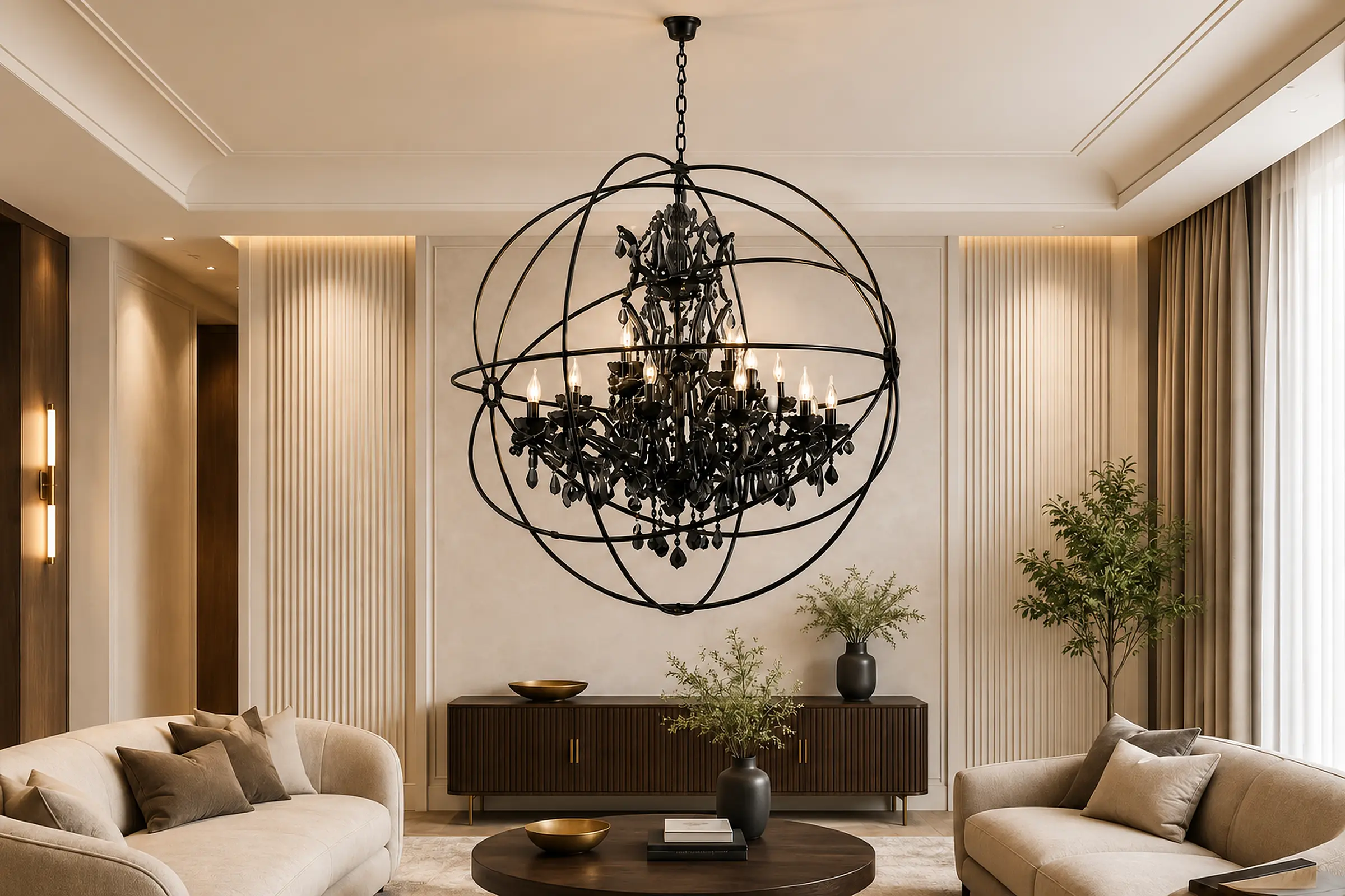 Black orbital chandelier in a warm luxury living room